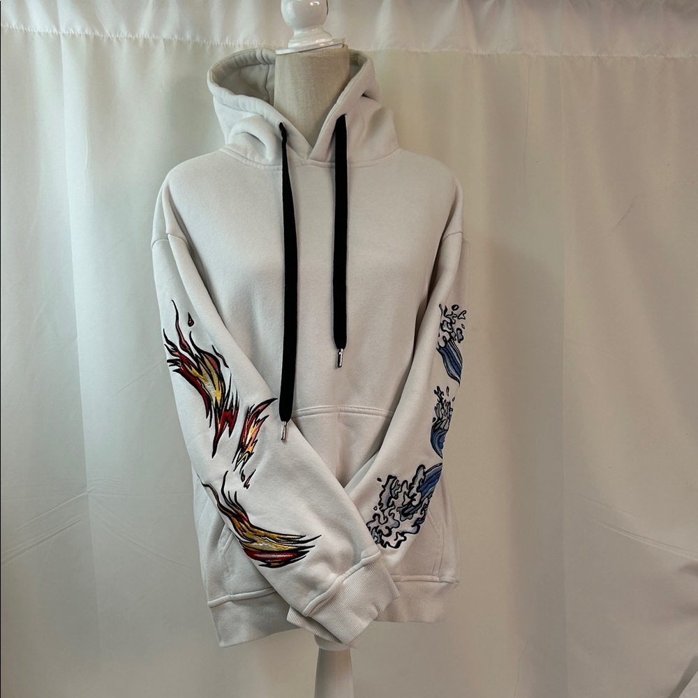 Torokami White Hoodie with Embroidered Sleeve Designs Size Large